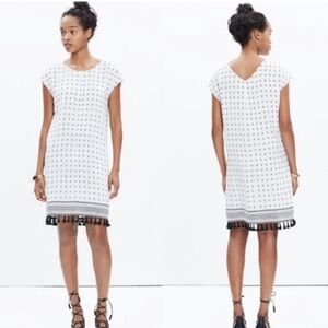 MADEWELL Women's Medium White‎ Black Scatterblock Print Dress Tassel Hem Lined